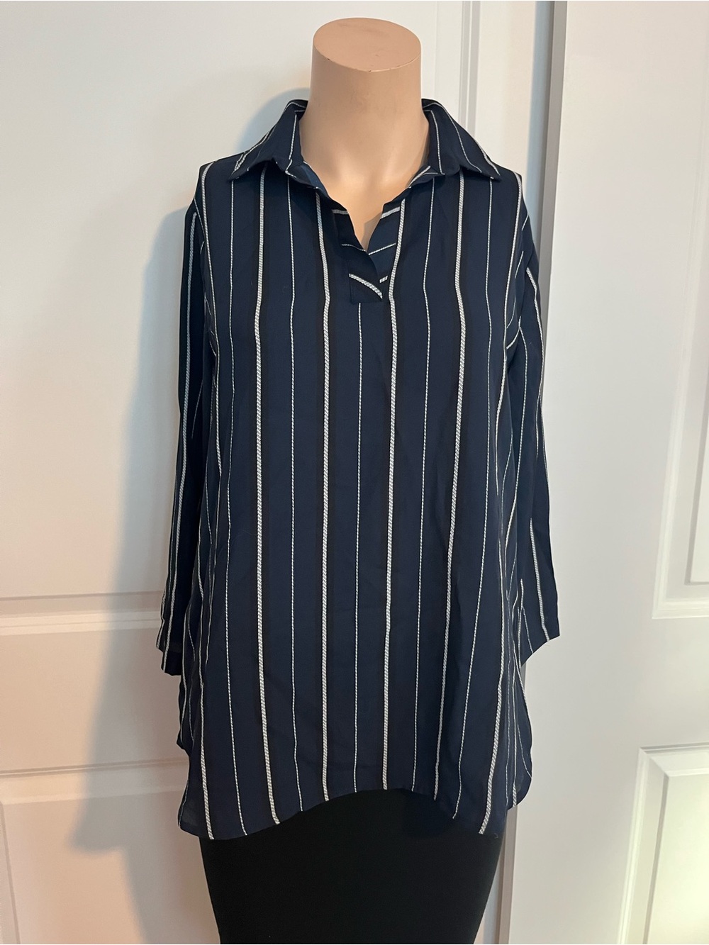 Van Heusen Navy Vertical Stripe Collared Tunic Blouse